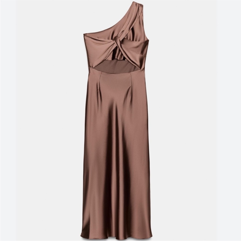 Zara One-Shoulder Satin Slip Summer Dress in Copper bronze color - Picture 6 of 10